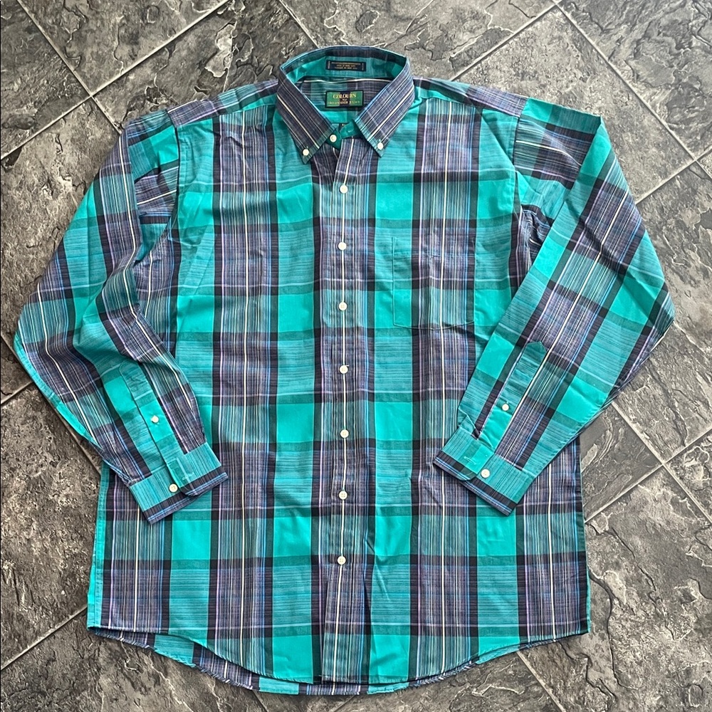 COLOURS BY ALEXANDER JULIAN Men's Turquoise & Black Plaid Shirt Preppy Office